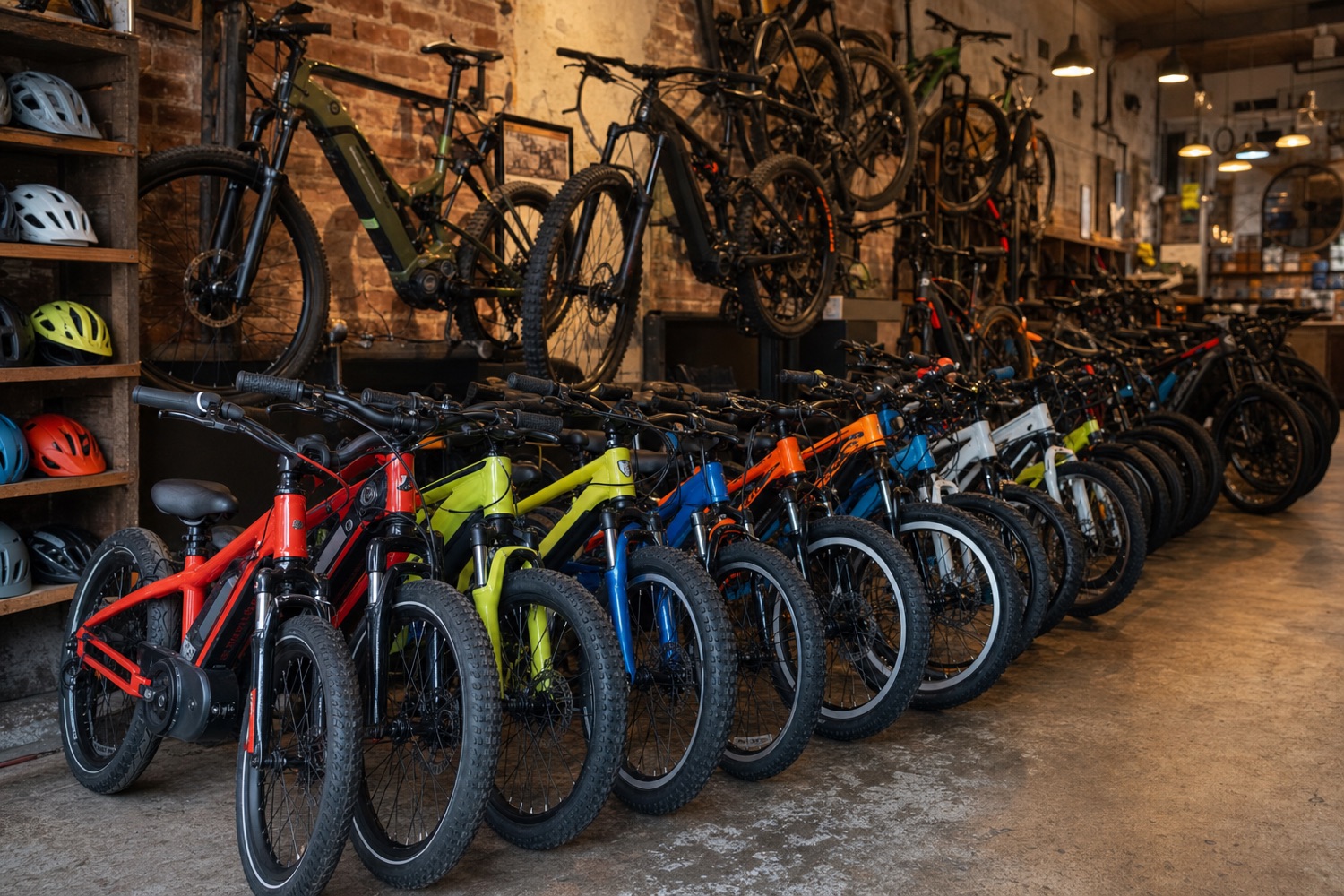 A corner of the showroom with kids' electric bikes in the foreground and electric mountain bikes behind