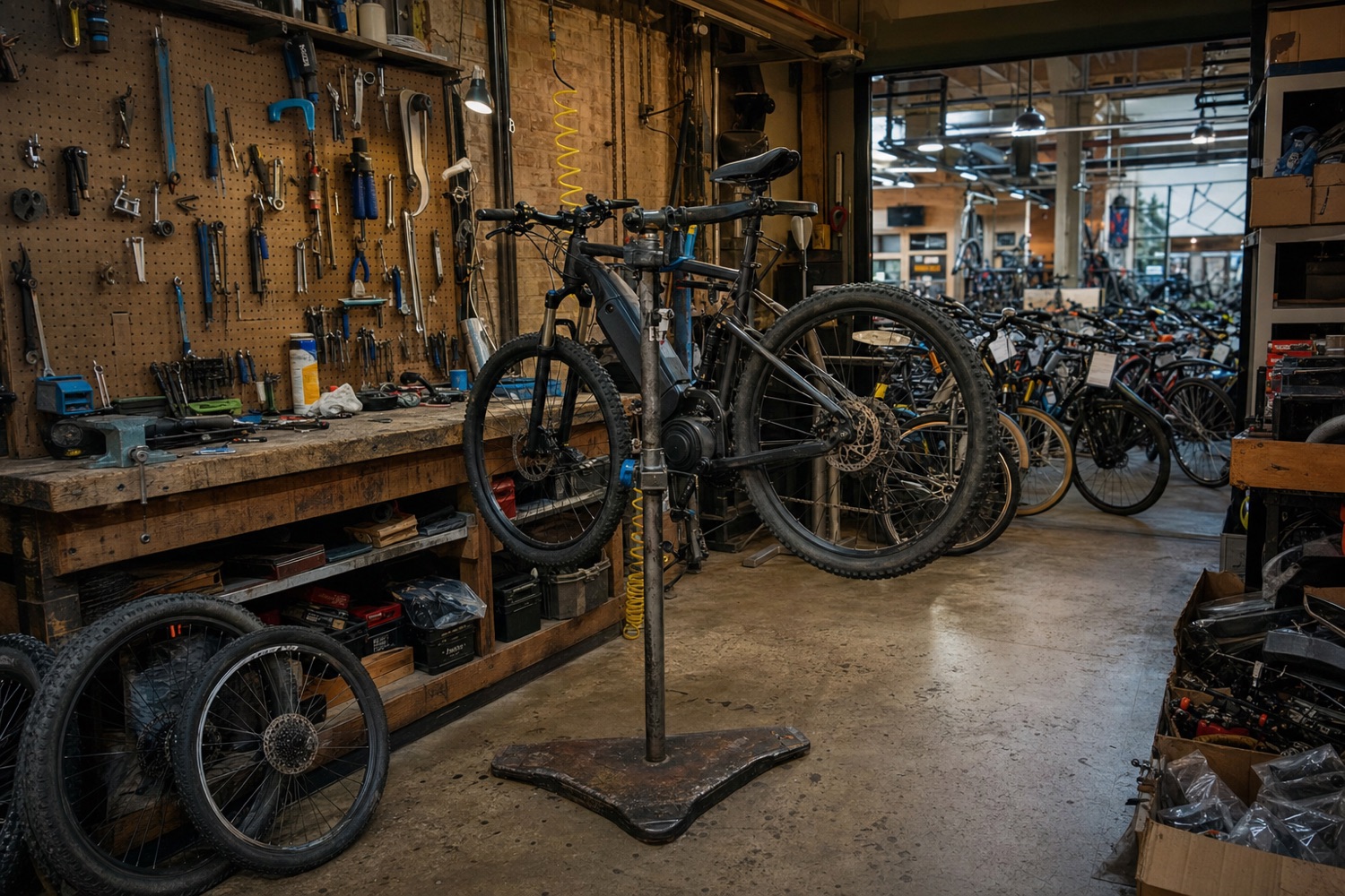 The service area at the back of the shop, with a bike on the repair stand and a pegboard of tools