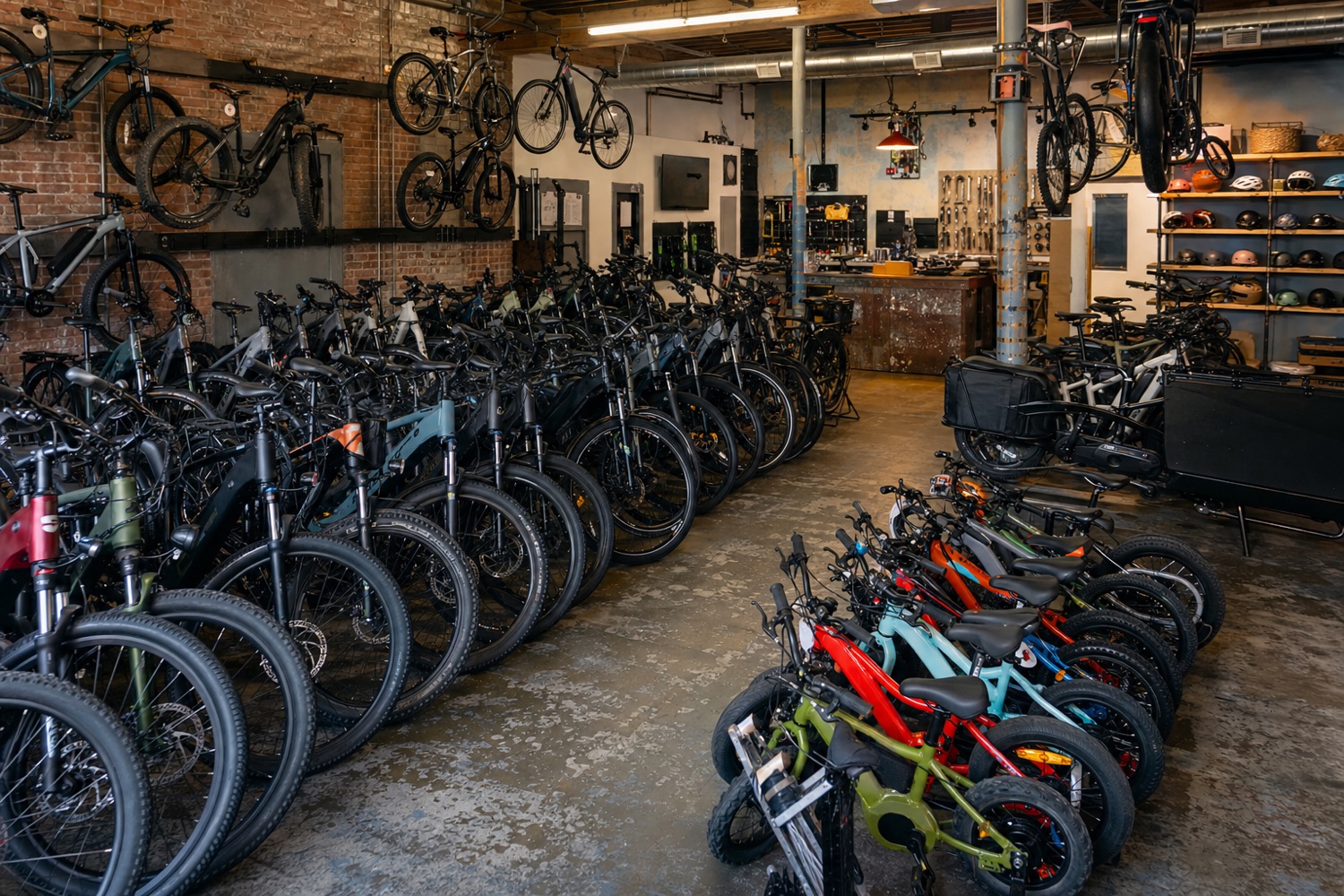 The St. Vrain Electric showroom floor, packed with rows of electric bikes under warm overhead lighting